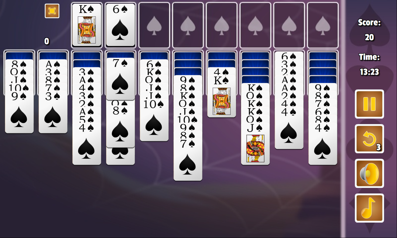 1 Suit Spider Solitaire Game Play Screenshot.