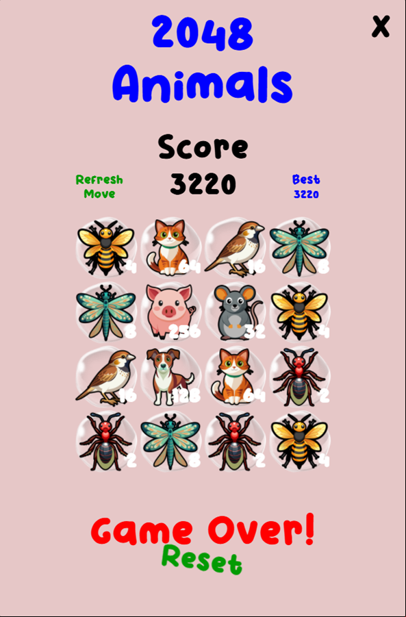 2048 Animals Game Score Screenshot.