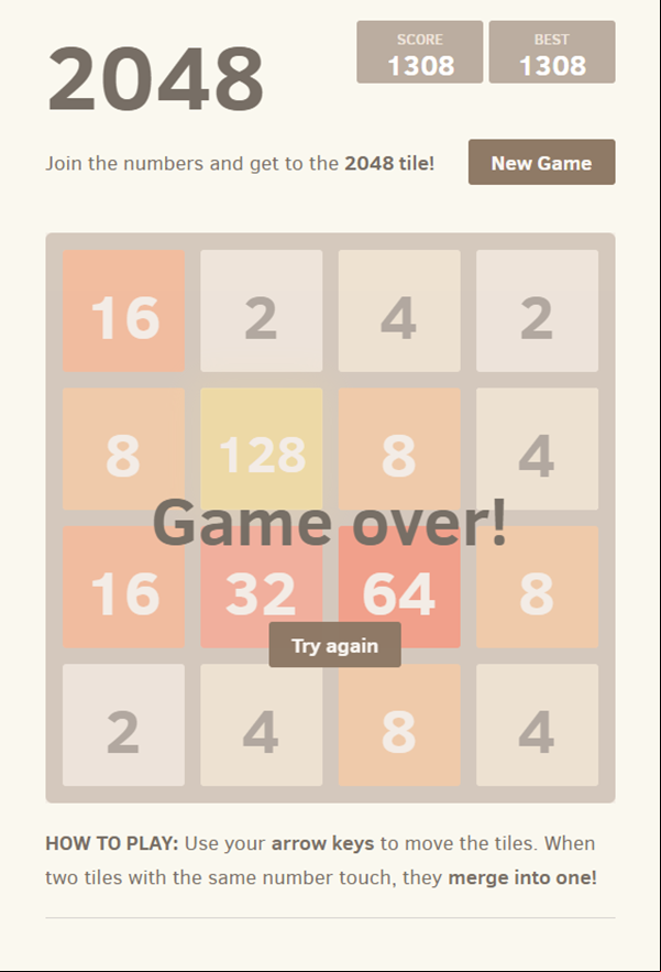 2048 Game Over Screenshot.