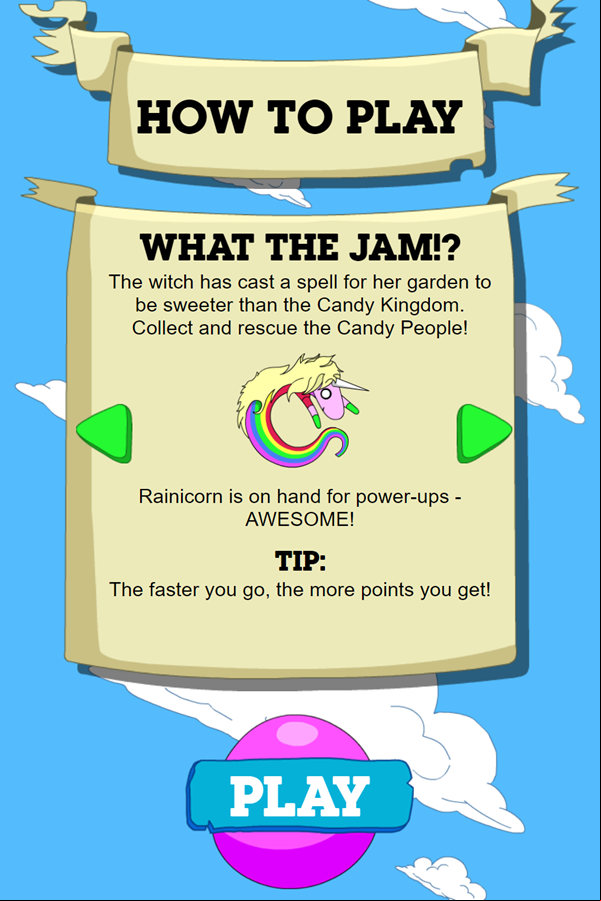 Adventure Time Candy Dive Game Rainicorn Instructions Screenshot.
