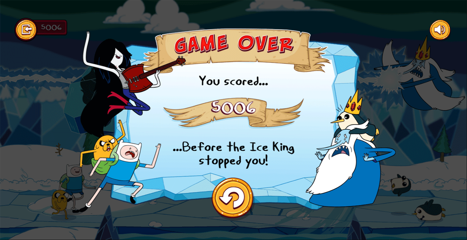 Adventure Time Mareceline's Ice Blast Game Over Screenshot.