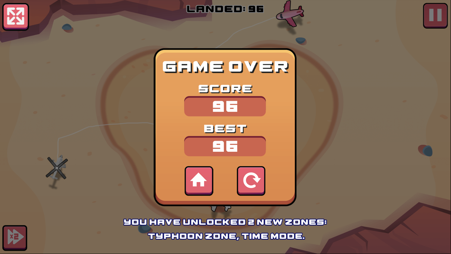 Air Traffic Control Desert Zone Game Over Screen Screenshot.