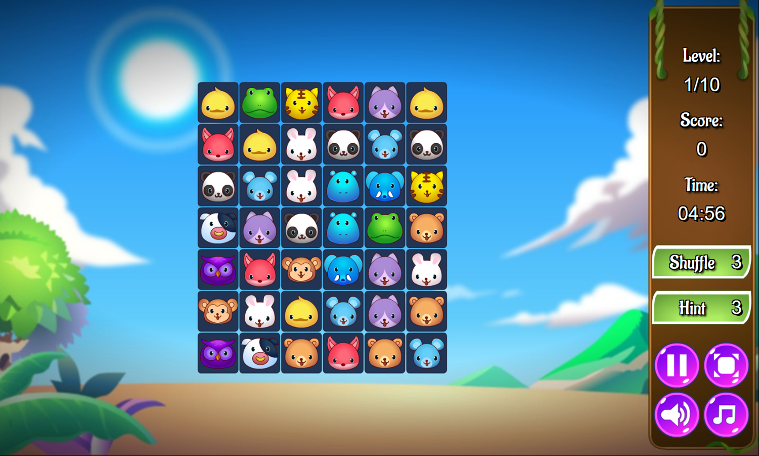 Animals Connect 3 Game Start Screenshot.