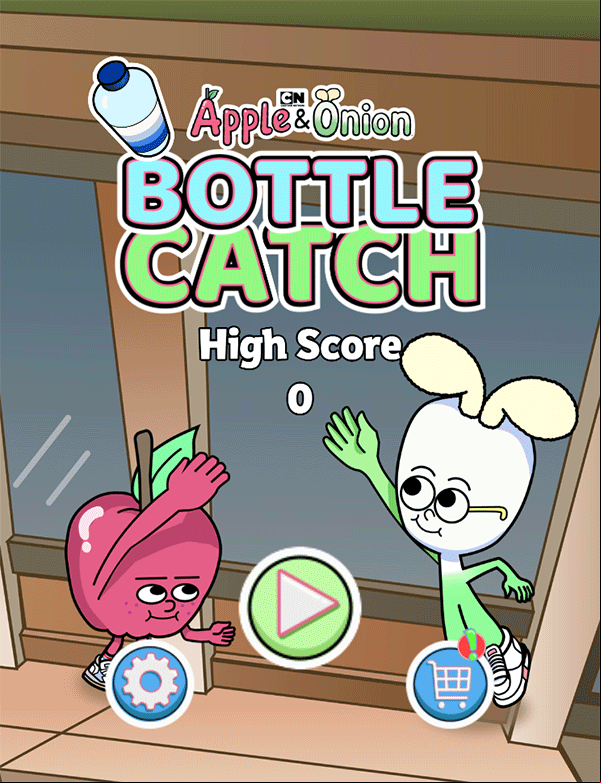 Apple & Onion Bottle Catch Game Welcome Screen Screenshot.