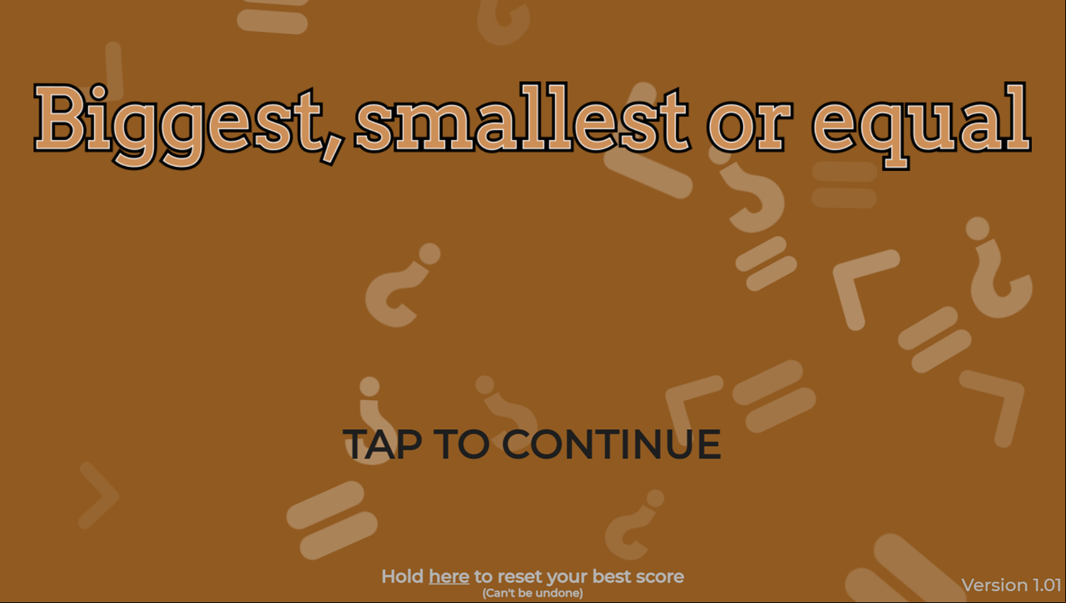 Biggest, Smallest, or Equal Game Welcome Screen Screenshot.