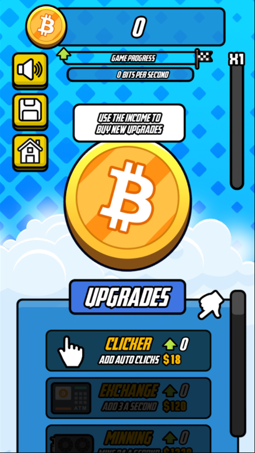 Bitcoin Millionaire Game Buy Upgrades instructions Screenshot.