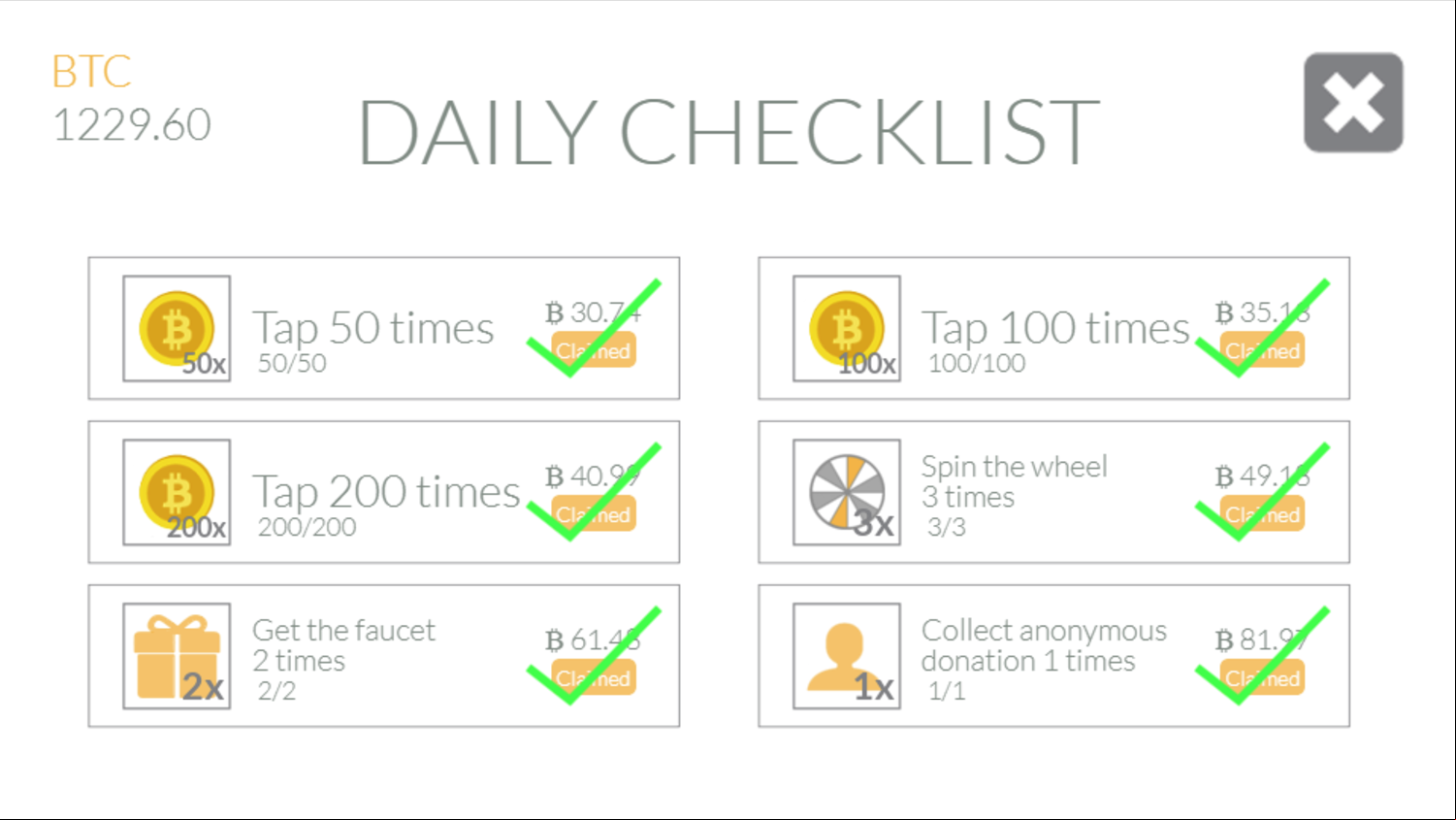 Bitcoin Tap Tap Mine Game Daily Checklist Complete Screenshot.
