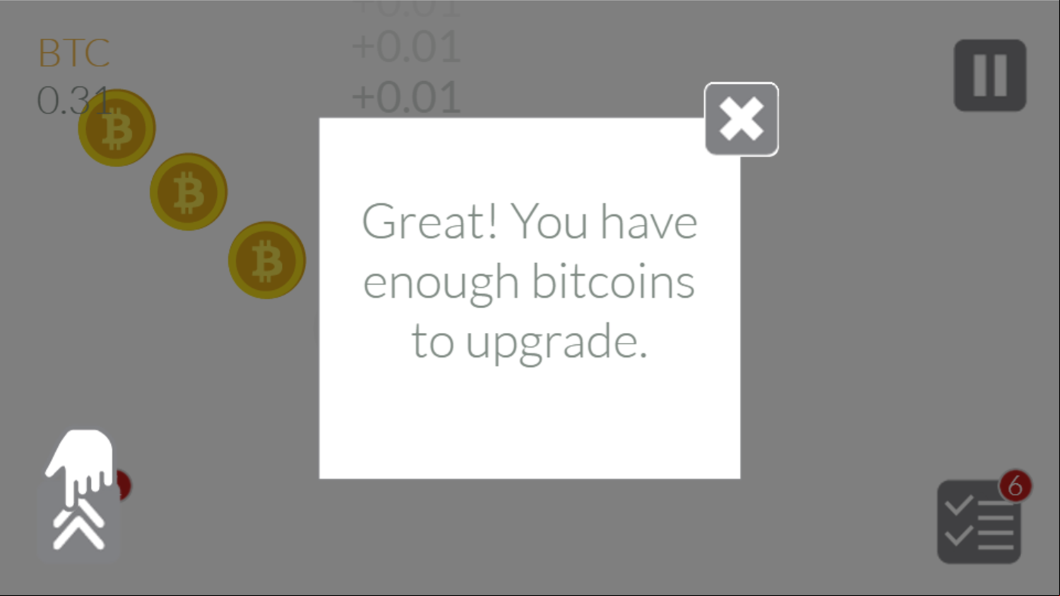 Bitcoin Tap Tap Mine Game Purchase an Upgrade Screenshot.