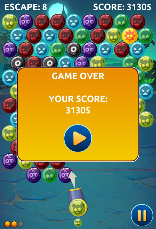 Bubble Shooter Game Over Screenshot.