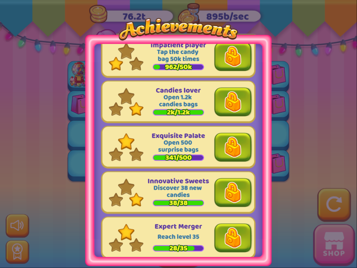 Candy Shop Merge Game Achievements Menu Screen Screenshot.