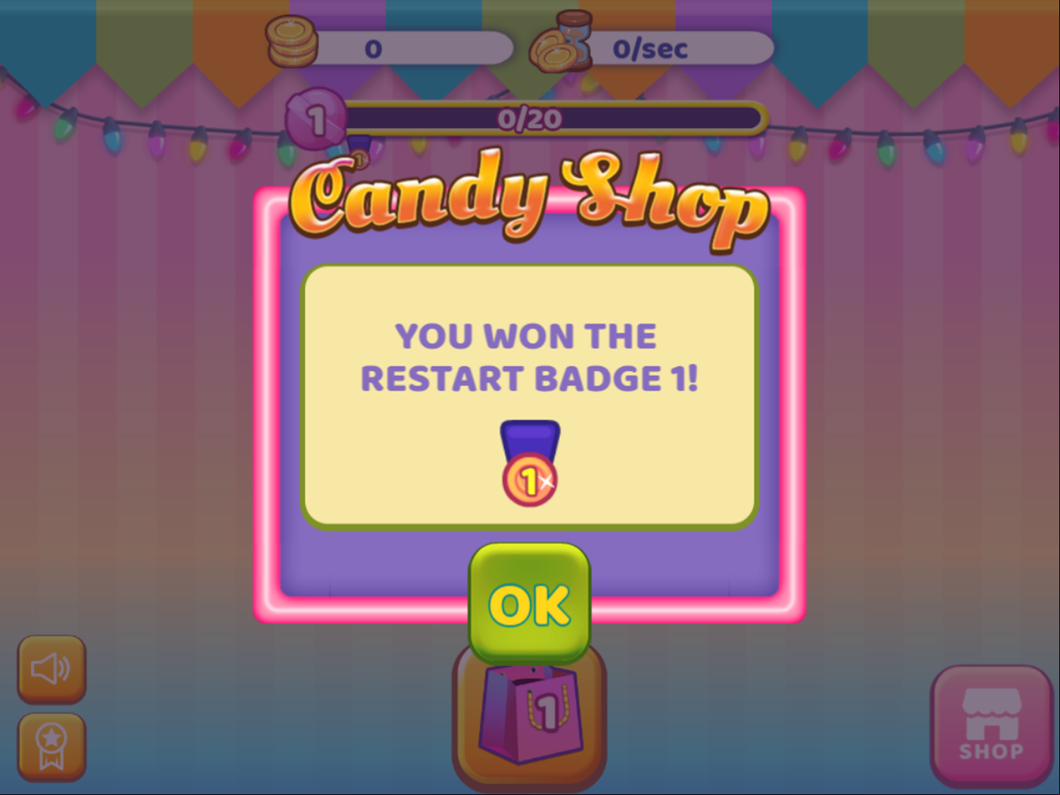 Candy Shop Merge Game Restart Badge Screen Screenshot.