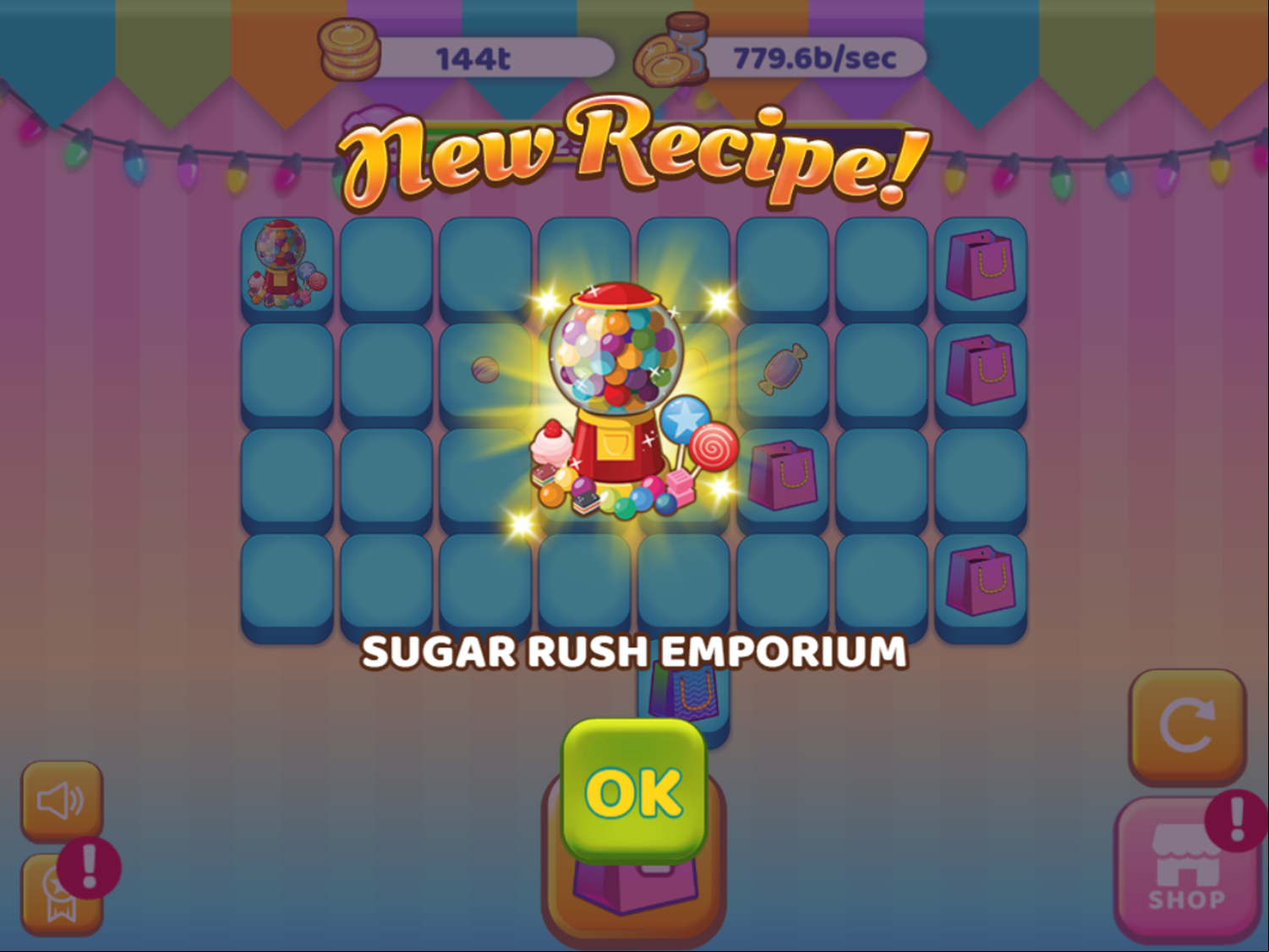 Candy Shop Merge Game Sugar Rush Emporium Recipe Screen Screenshot.