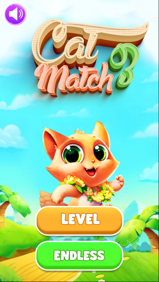 Cat Match 3 Game Welcome Screen Screenshot.