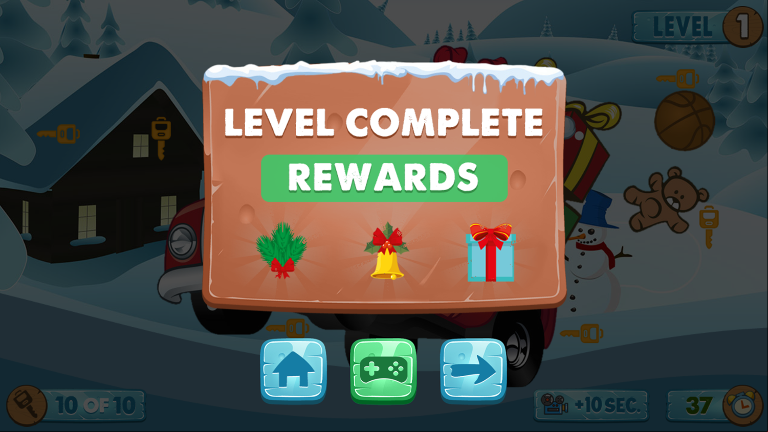 Christmas Trucks Hidden Keys Game Level Complete Screen Screenshot.