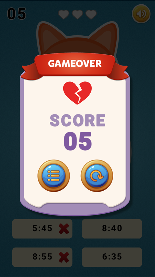 Clock Puzzle Game Over Screen Screenshot.