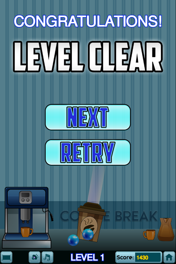 Coffee Break Bubble Shooter Game Level Clear Screenshot.