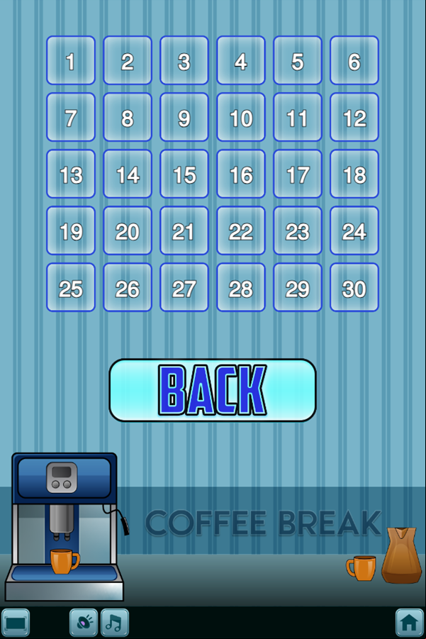 Coffee Break Bubble Shooter Game Level Select Screenshot.