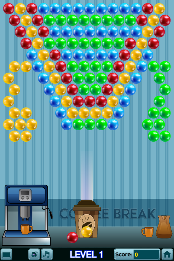 Coffee Break Bubble Shooter Game Level Start Screenshot.