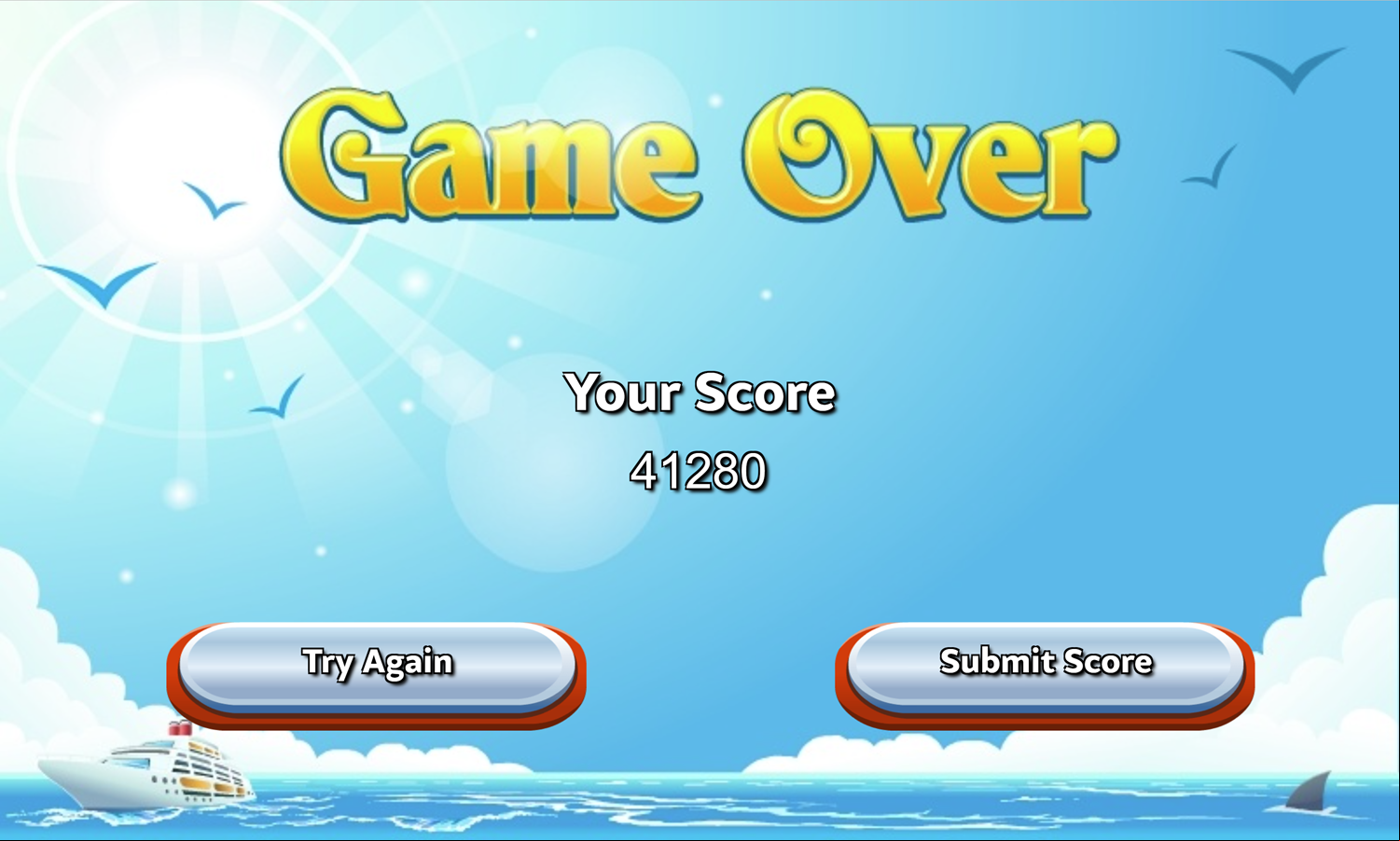 Cruise Ship Hidden Objects Game Over Screen Screenshot.