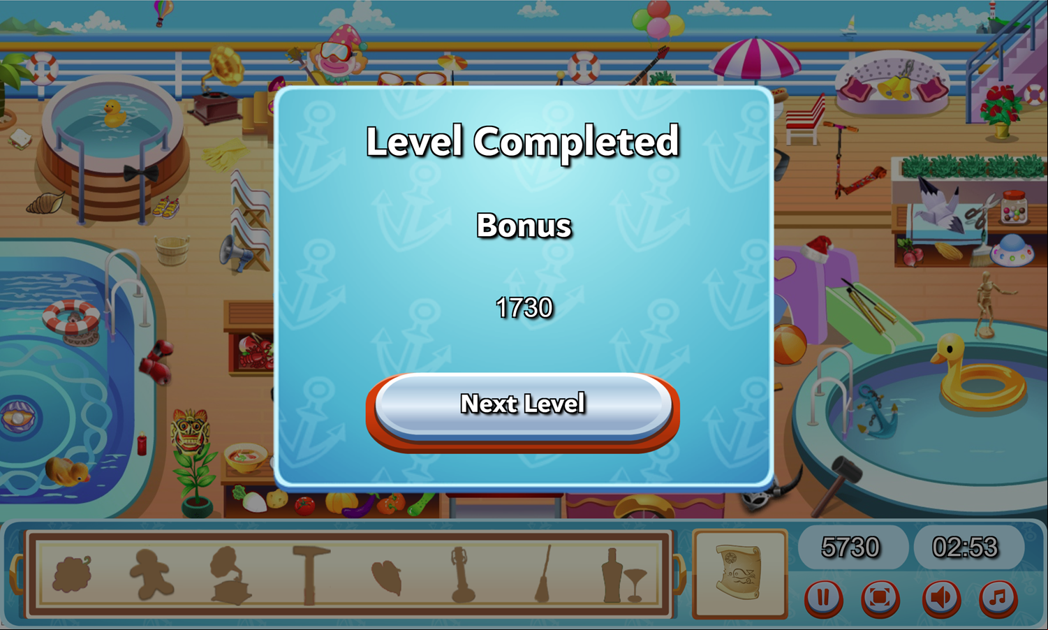 Cruise Ship Hidden Objects Game Level Complete Screen Screenshot.