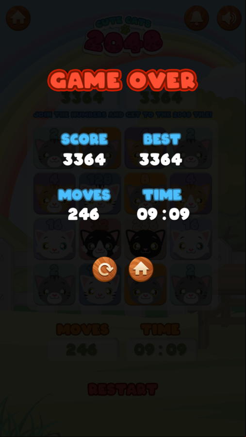 Cute Cats 2048 Game Over Screenshot.