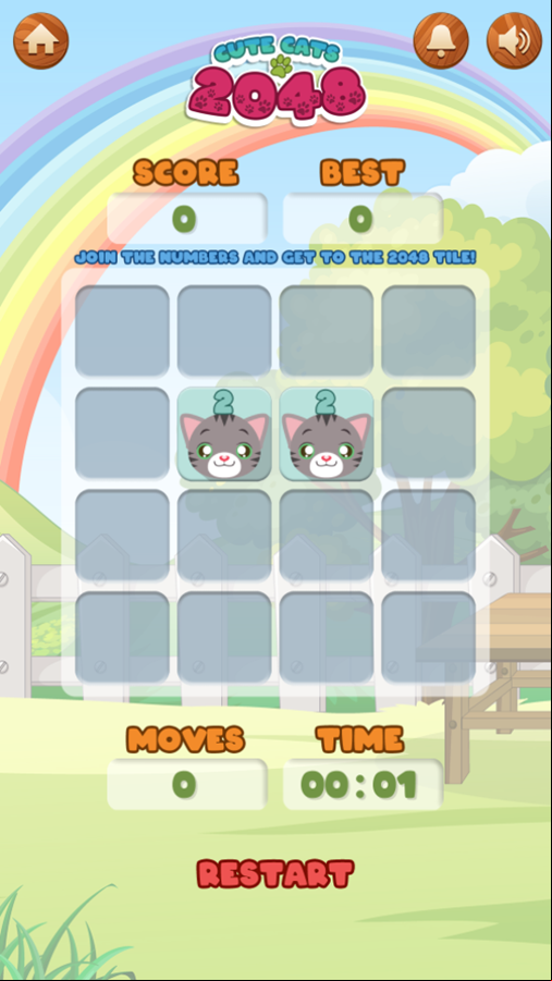 Cute Cats 2048 Game Start Screenshot.