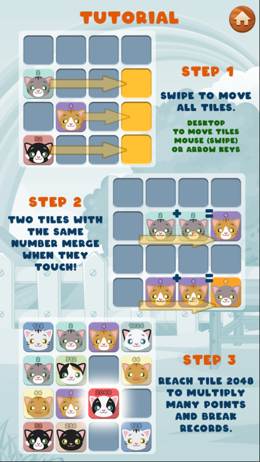 Cute Cats 2048 Game Tutorial Screenshot.