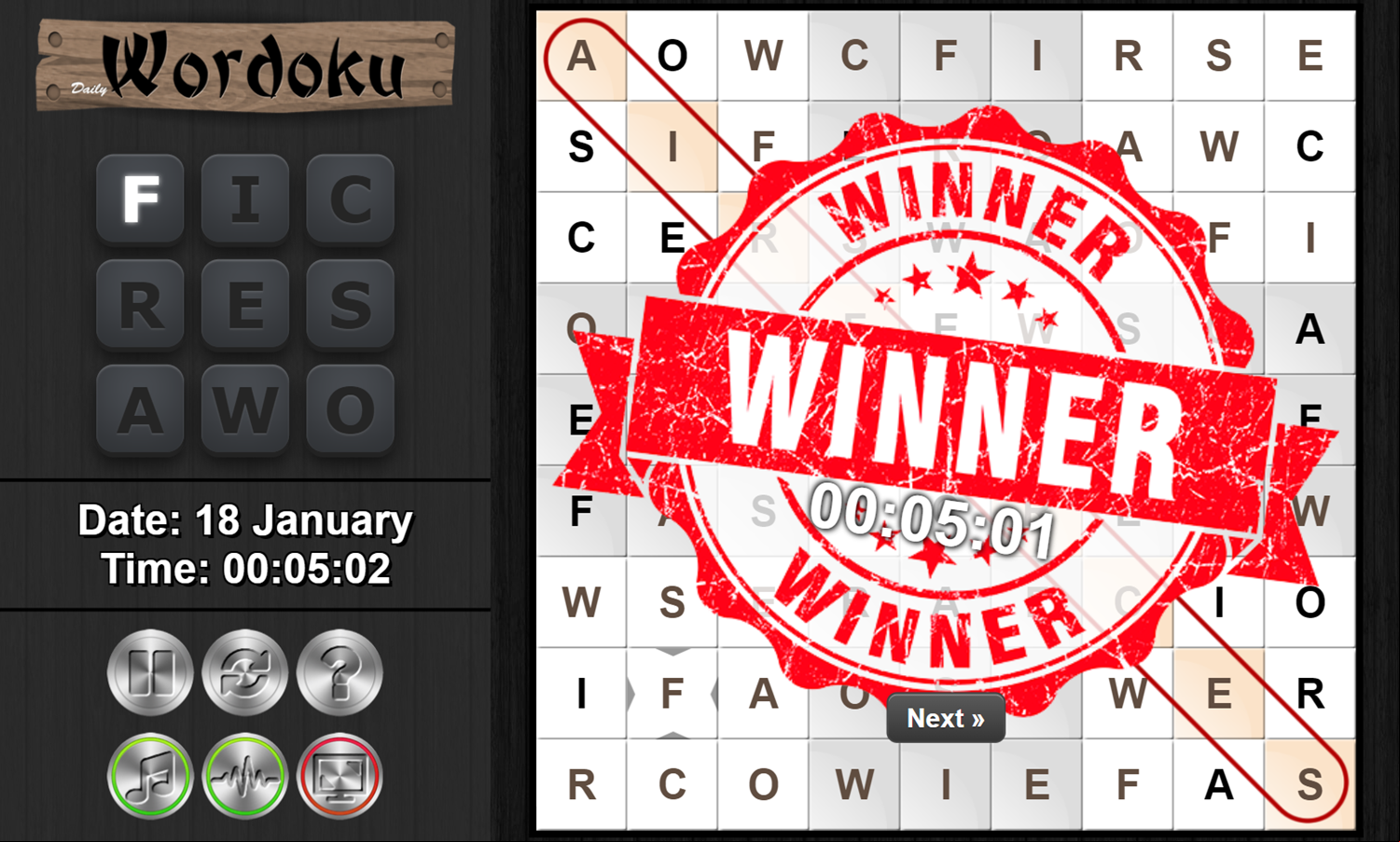 Daily Wordoku Game Puzzle Solved Screenshot.