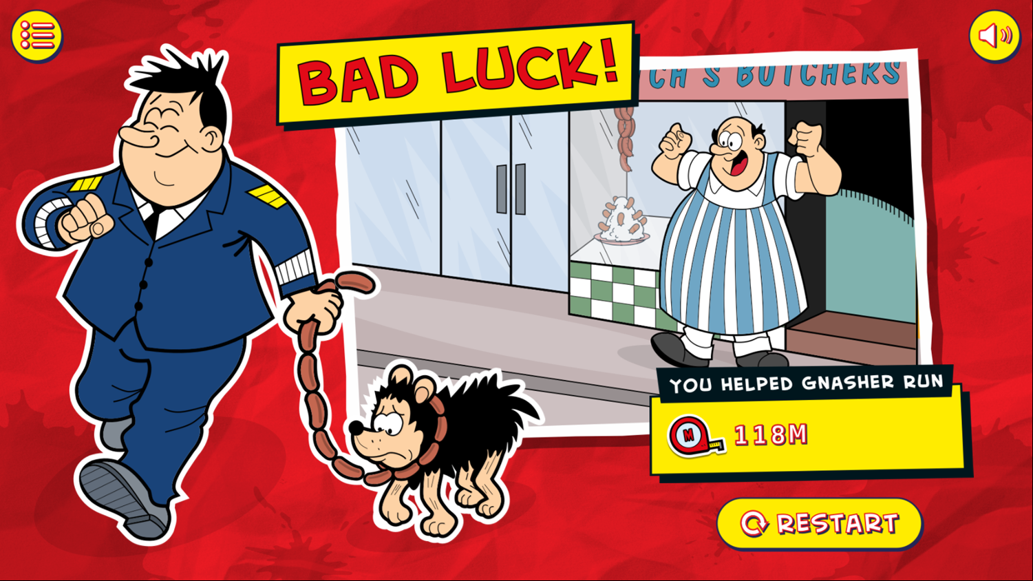 Dennis & Gnasher Gnasher's Deadly Dash Game Over Screenshot.