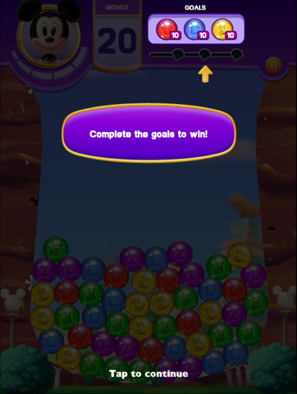 Disney Bubble Burst Game Level Goal Tutorial Screenshot.