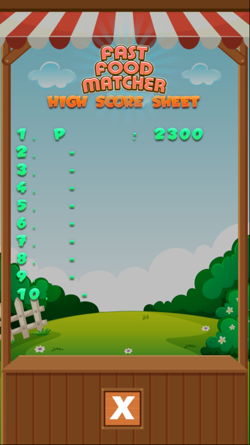 Fast Food Matcher Game High Score Screenshot.