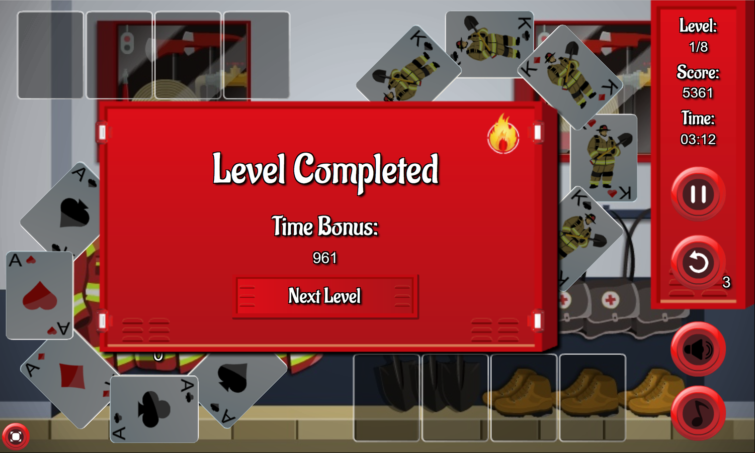 Firemen Solitaire Game Level Completed Screen Screenshot.