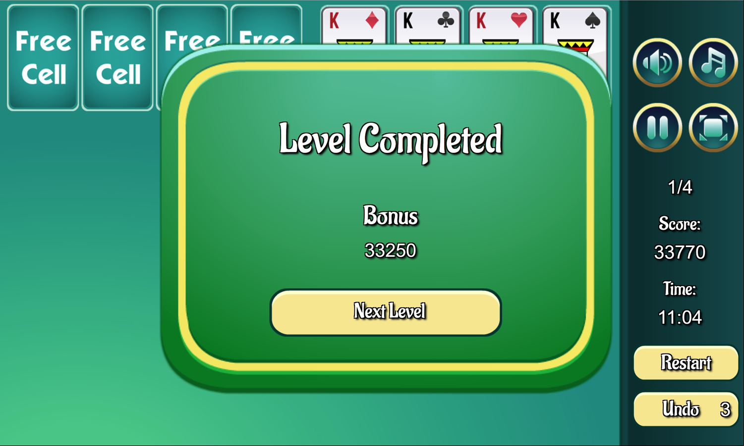 Freecell Extreme Game Level Completed Screen Screenshot.