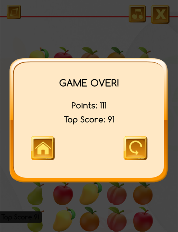 Fruit Line Up Game Over Screen Screenshot.
