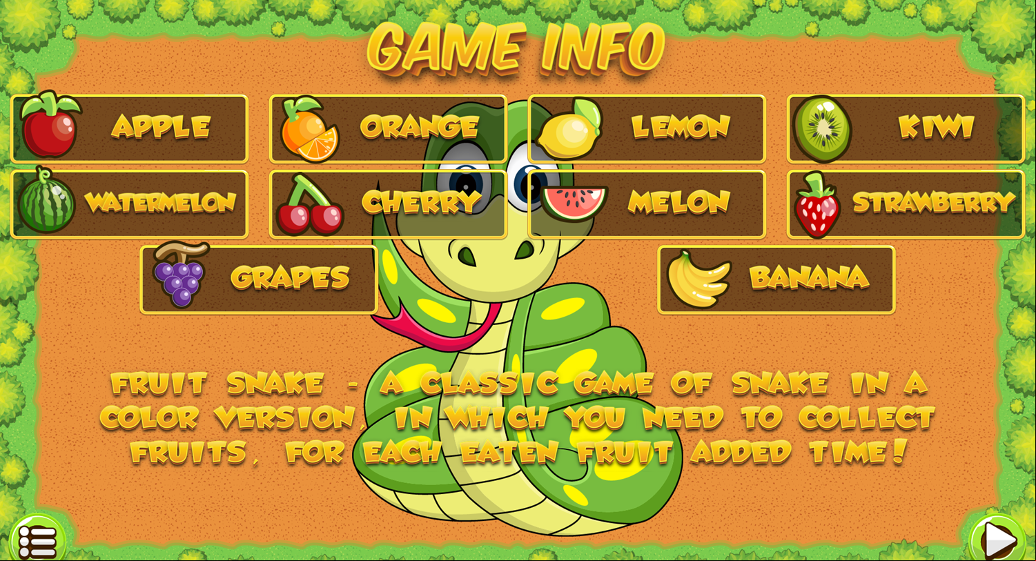 Fruit Snake Game Info Screenshot.