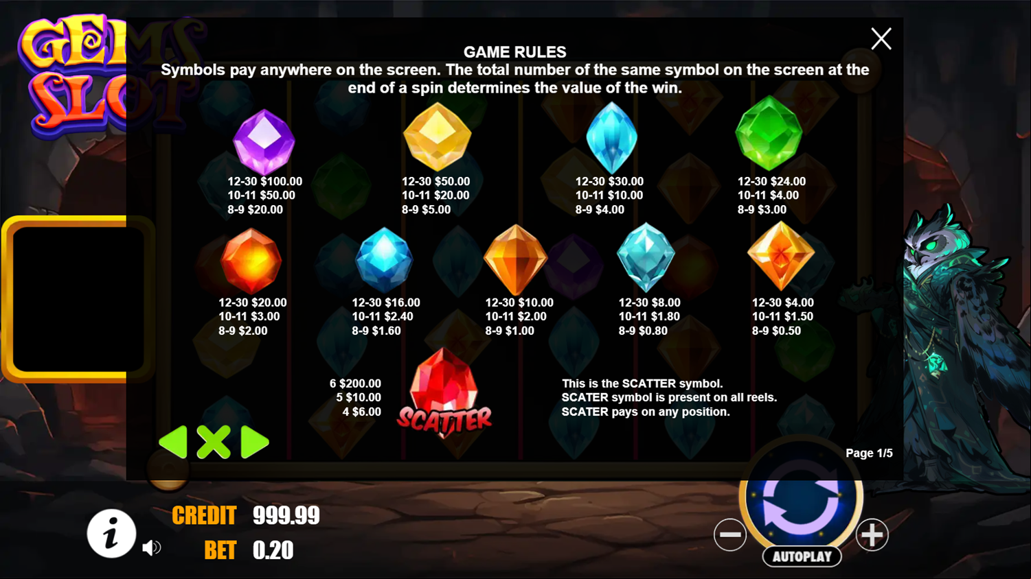 Gems Slot Game Gems Rules Screenshot.