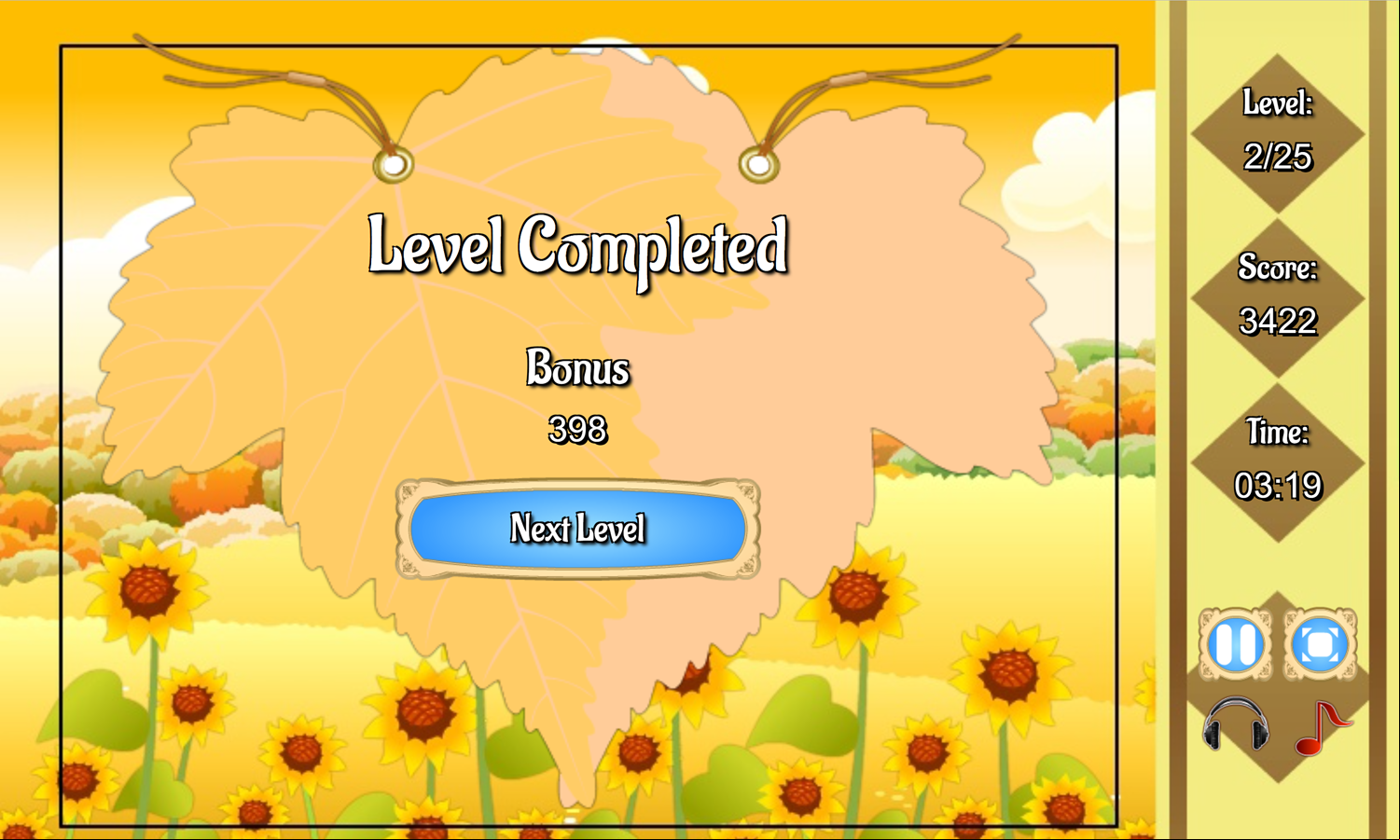 Golden Autumn Mahjong Game Level Complete Screen Screenshot.