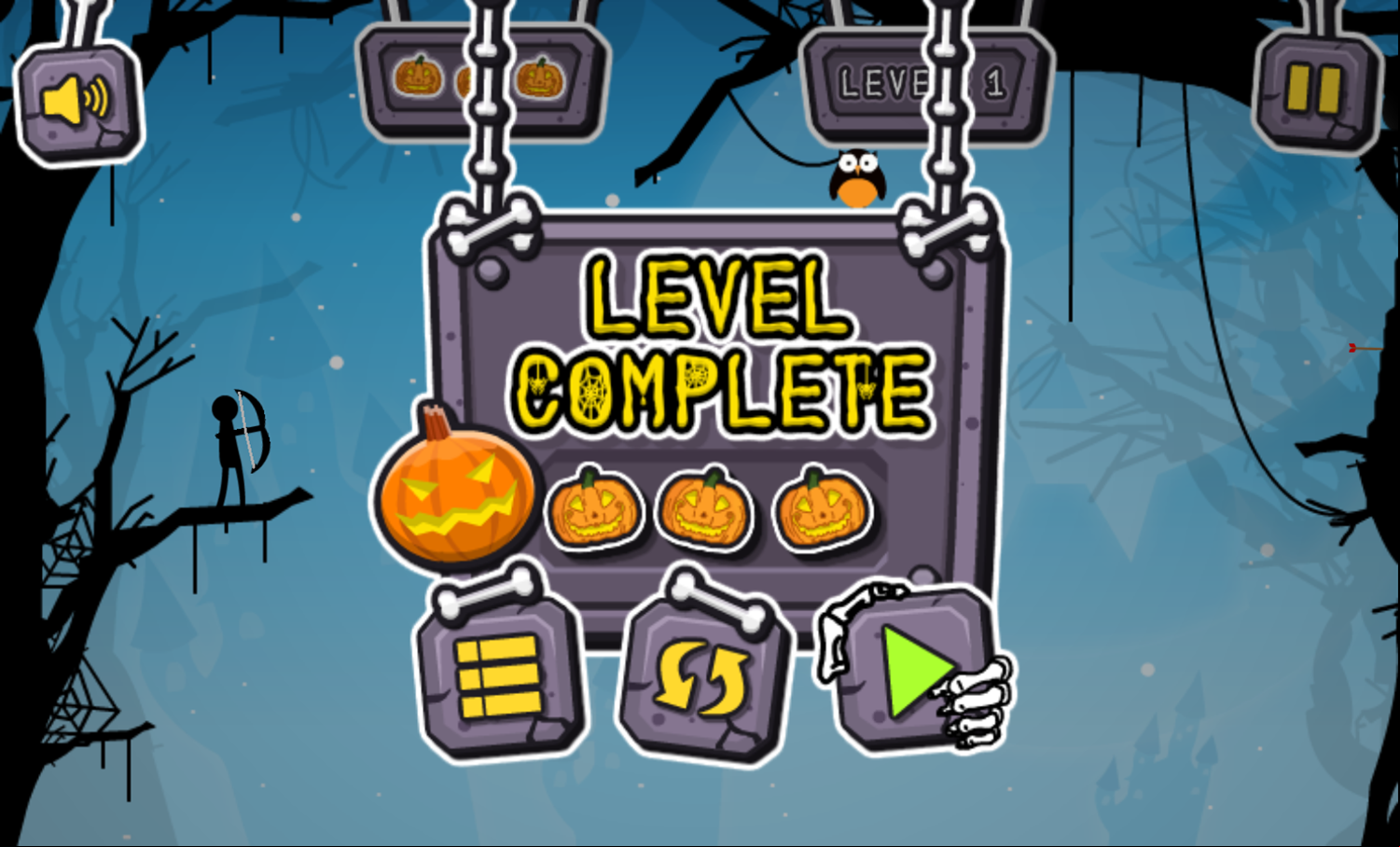 Halloween Archer Game Level Complete Screen Screenshot.
