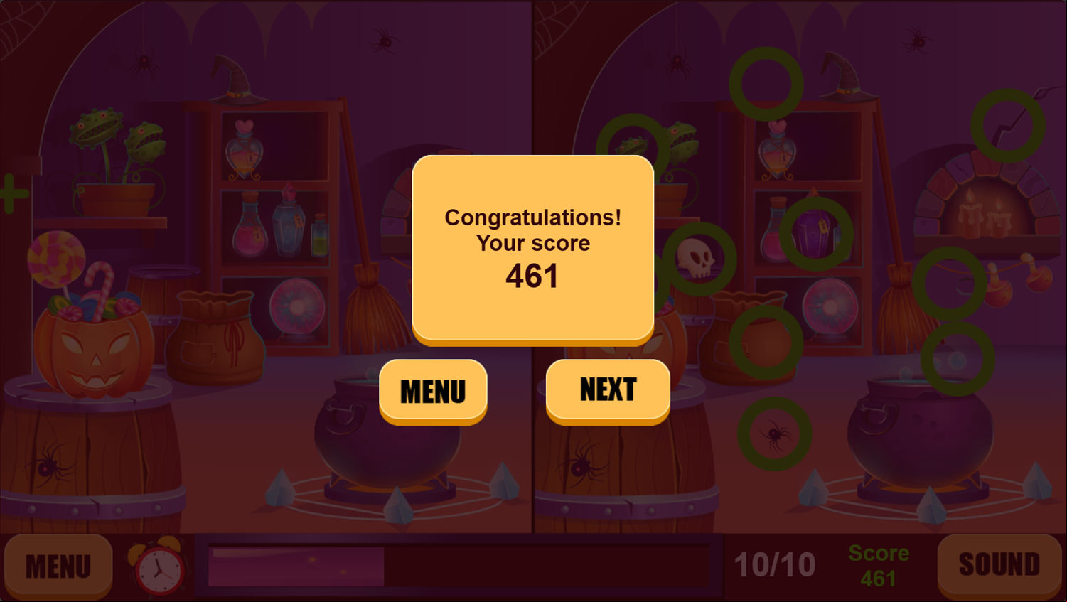 Halloween Spot the Differences Game Score Screenshot.