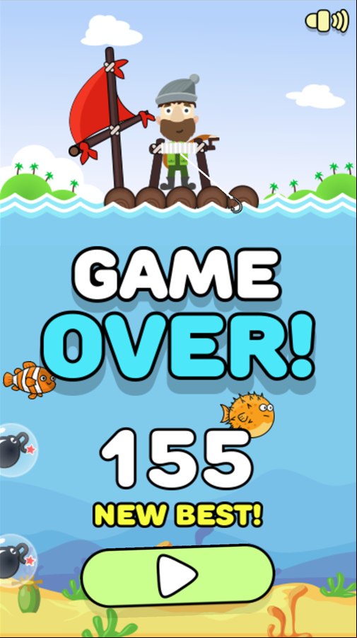 Happy Fishing Game Over Screen Screenshot.