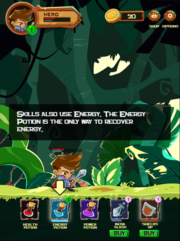 Hero's Journey Game How To Use Energy Potion Screenshot.