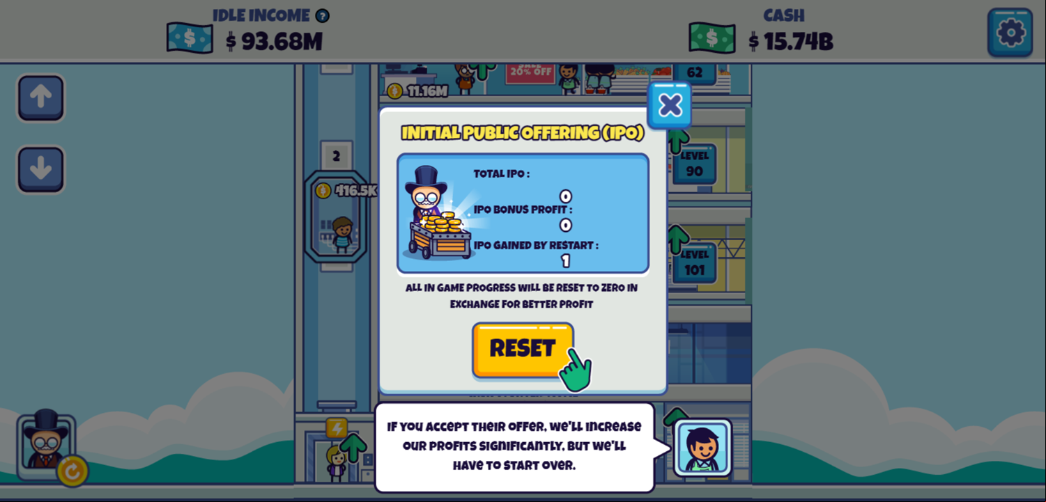 Idle Hypermart Empire Game IPO Offer Screen Screenshot.