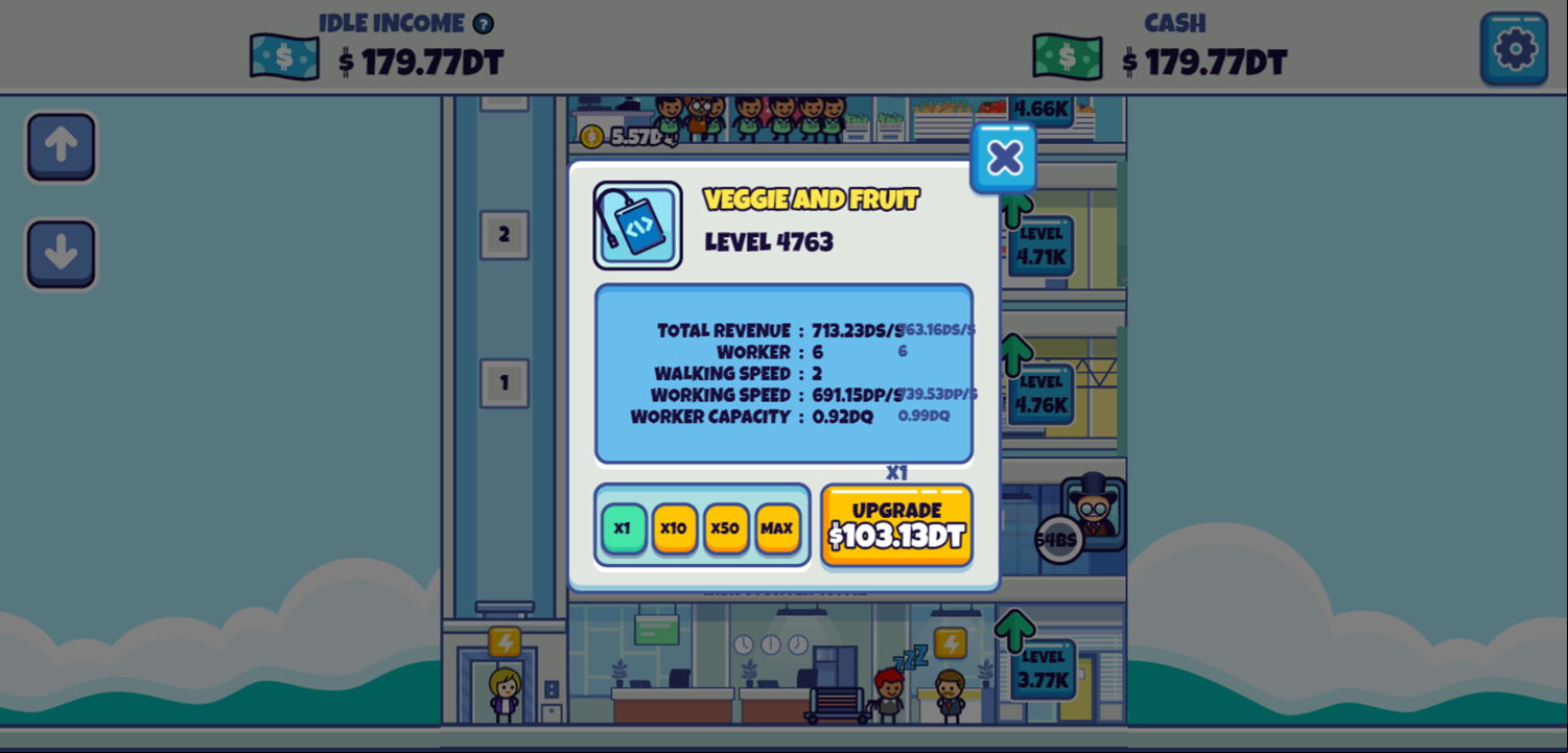 Idle Hypermart Empire Game Upgrade Worker Level Screen Screenshot.