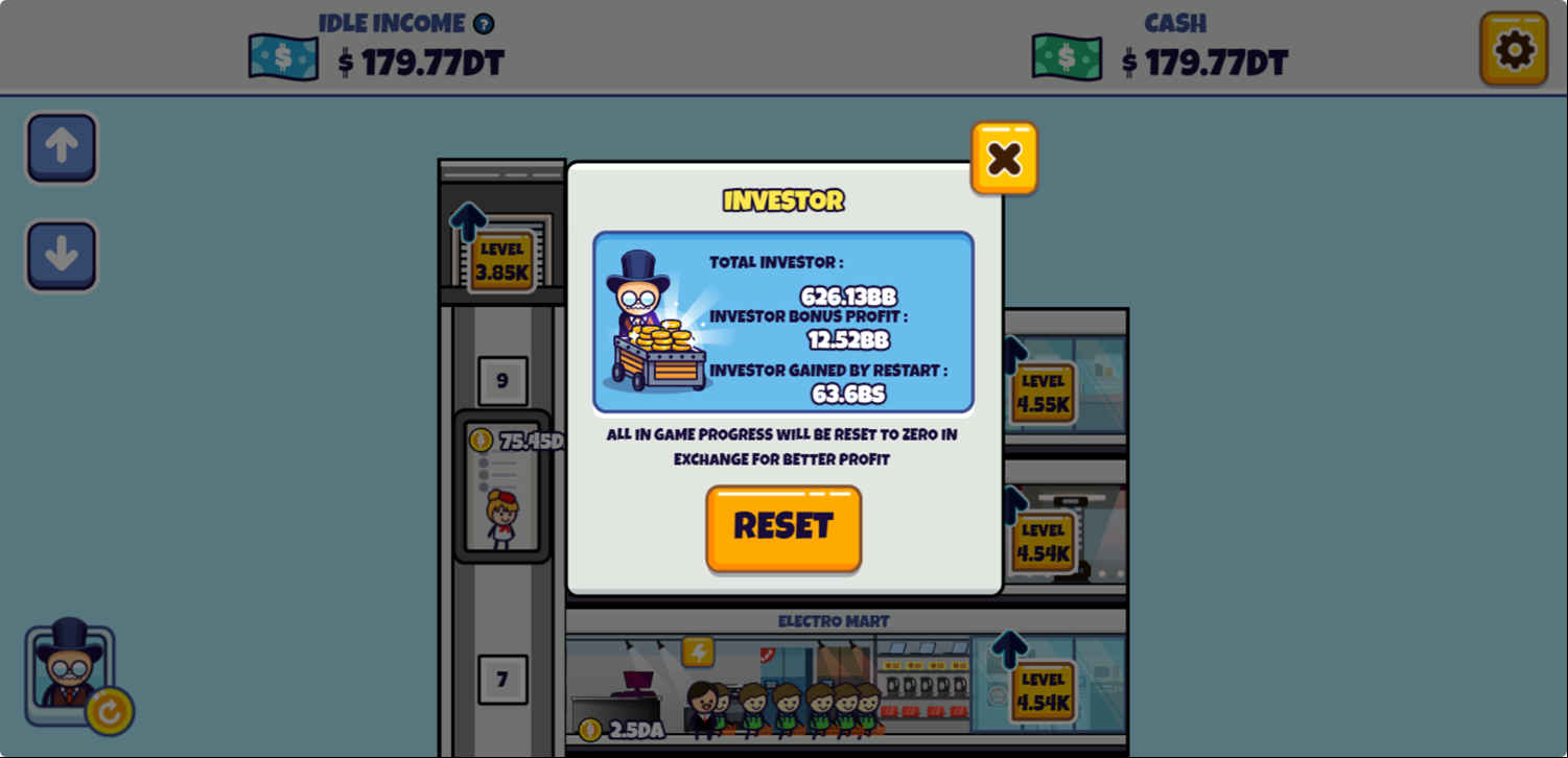 Idle Megamall Empire Game Investor Bonus Screen Screenshot.