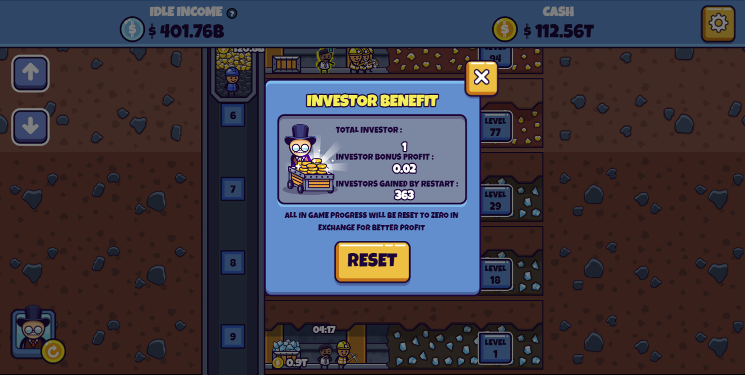 Idle Mining Empire Game Investor Benefits Screenshot.