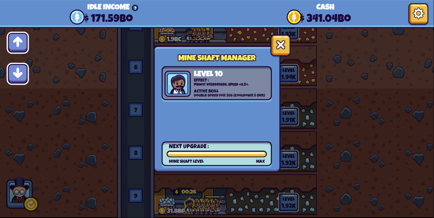 Idle Mining Empire Game Mineshaft Manager Maxed Out Screenshot.