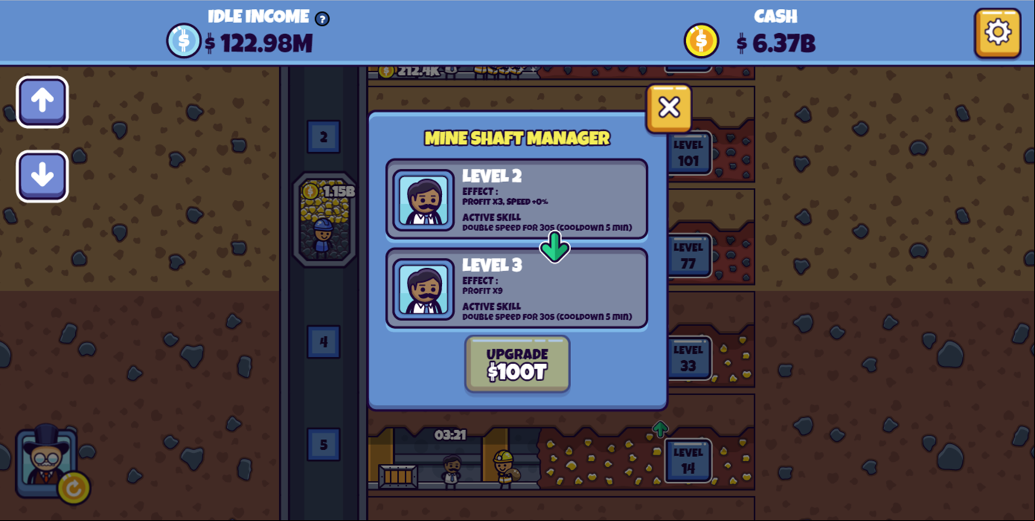 Idle Mining Empire Game Mineshaft Manager Second Upgrade Screenshot.
