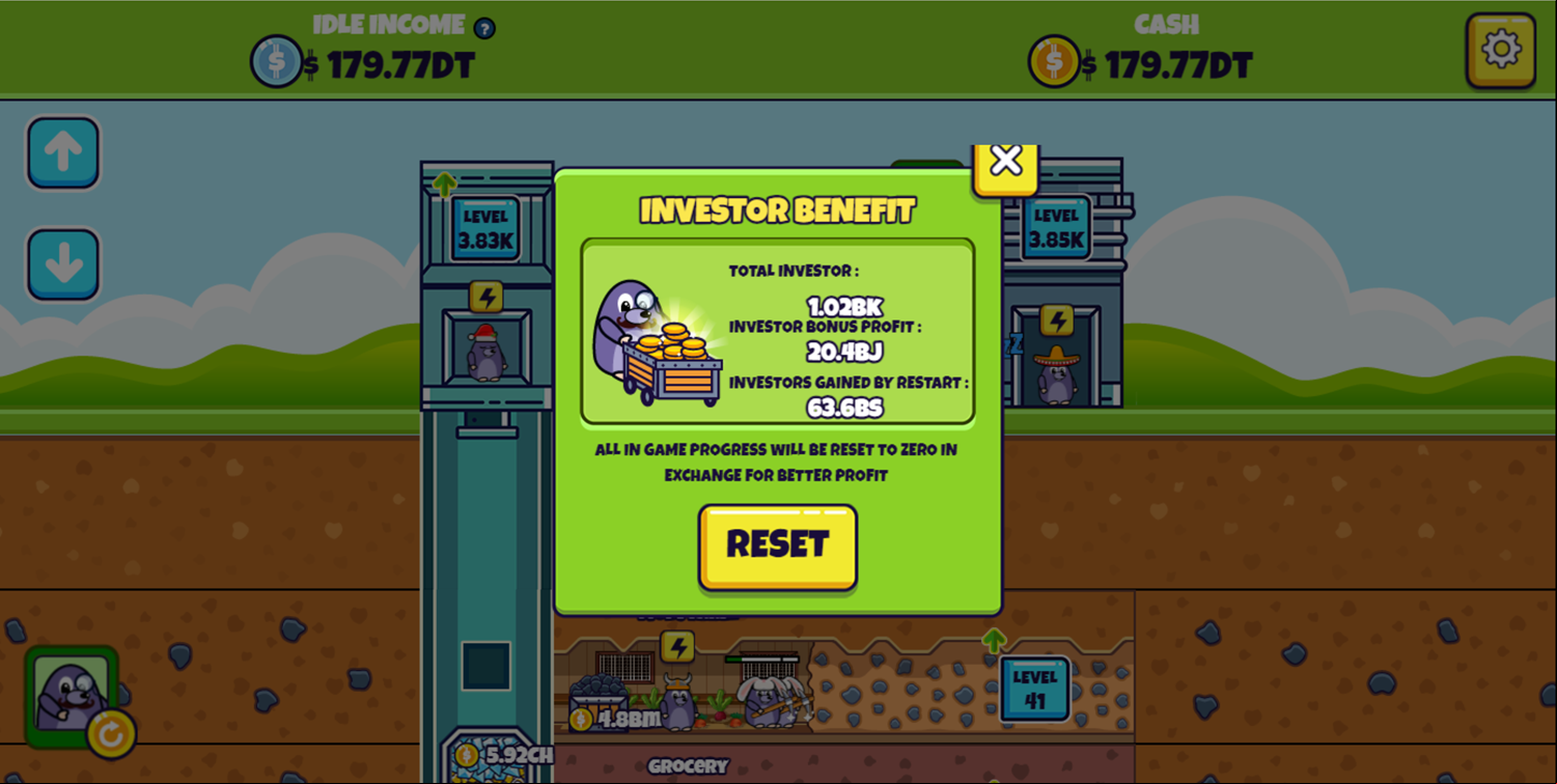 Idle Mole Empire Game Sell Business Again Screen Screenshot.