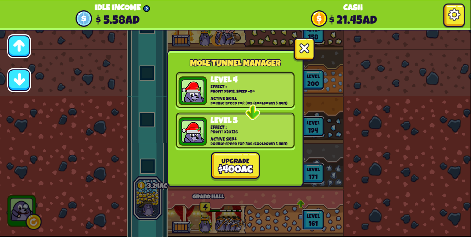 Idle Mole Empire Game Upgrade Tunnel Manager Screenshot.