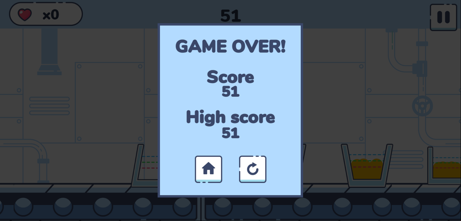 Juice Assembly Line Game Over Screen Screenshot.